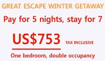 Pay for 5 nights, stay for 7! US$753 tax inclusive, double occupancy. Pay for 5 nights, stay for 7! US$753 tax inclusive, double occupancy.
