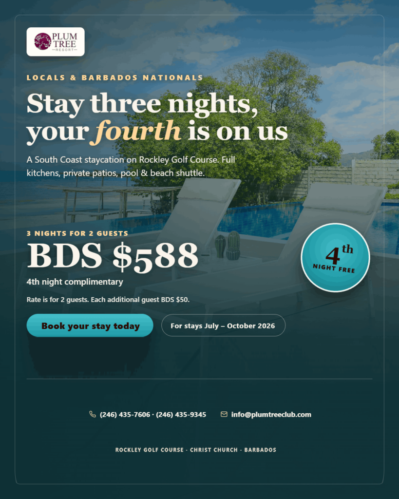 Plum Tree Club offer for locals and Barbados nationals: stay three nights and the fourth is complimentary, 588 Barbados dollars for two guests